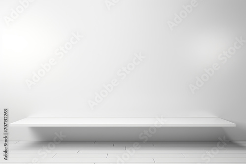 Empty white shelf on white wall background. 3d render illustration