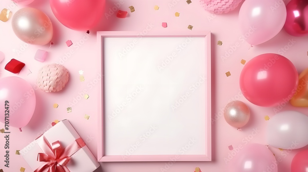 Birthday or holiday mockup with frame, gift box, pastel balloons and confetti on pink table top view. Flat lay composition. - obrazy, fototapety, plakaty 