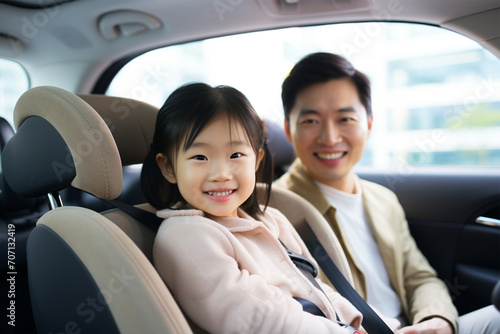 Happy Asian young man and little girl riding as passengers in a car, selective focus © Tetiana Kasatkina