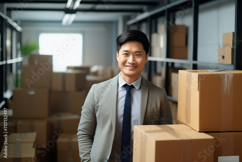 Happy Asian man in business suit in room with many boxes, moving, new home, new workplace, selective focus