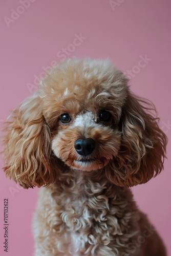 Studio portrait of a cute brown poodle sitting against a light pink background © Darya Lavinskaya