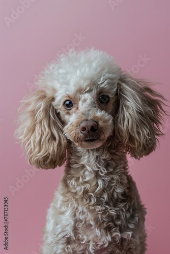 Studio portrait of a poodle sitting against a light pink background © Darya Lavinskaya