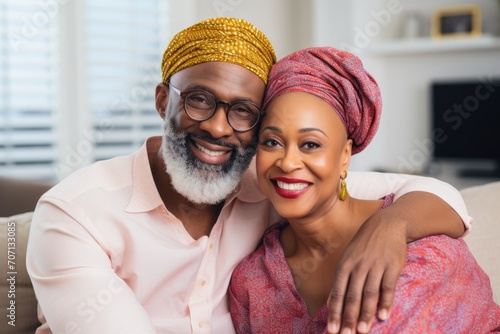 Portrait of mid adult happy african american couple hugging at home sitting on couch wearing traditional turban.