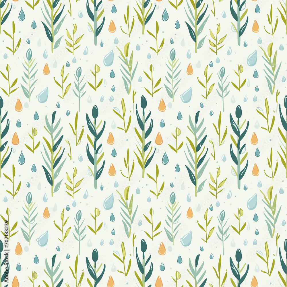 Water droplets on grass seamless pattern. Can be used for gift wrapping, wallpaper, background