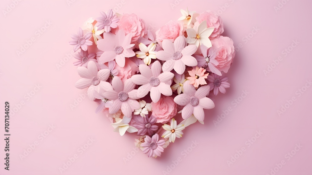 Bouquet of beautiful spring flowers and paper hearts on pastel pink table for Happy mothers day. Flat lay.
