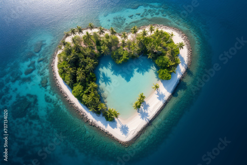 Aerial view of tropical heart-shaped island in ocean for romantic love getaway