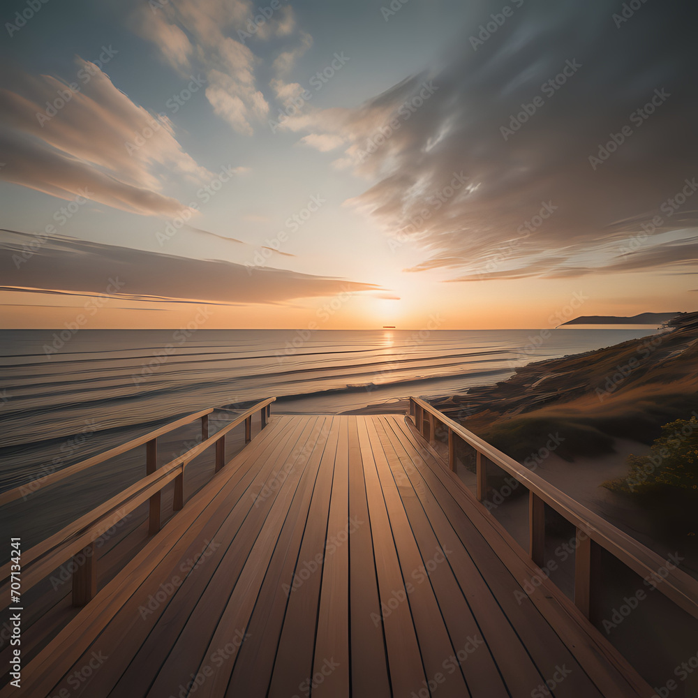high angle shot of a wooden deck on the shore leading to the sea at sunset - generated by ai