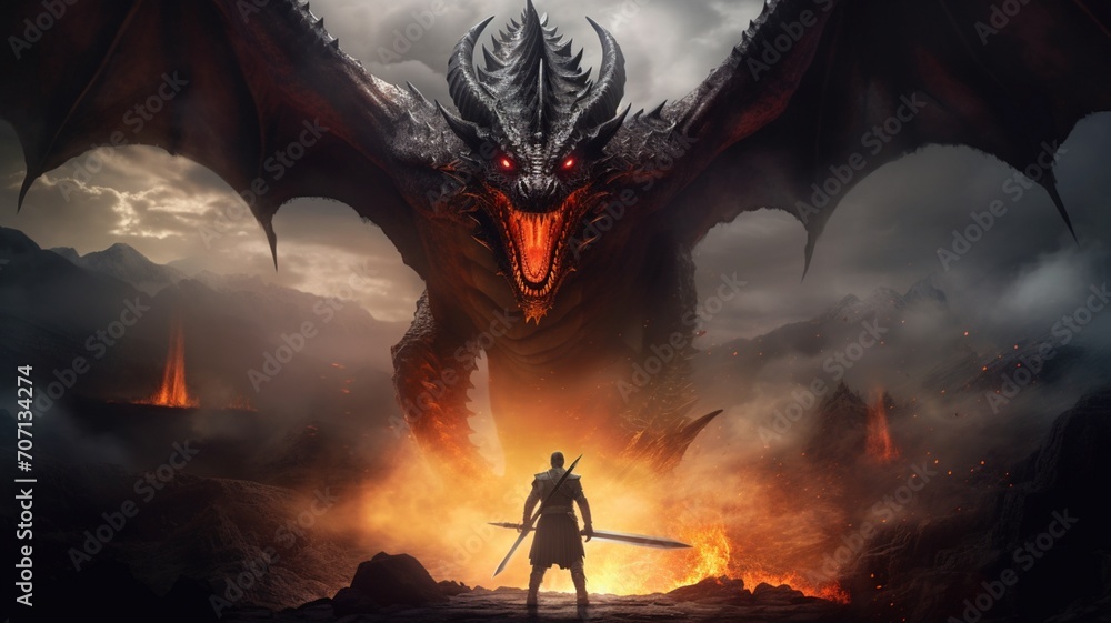 Warrior holding weapon ready for battle huge dragon picture Ai generated art - obrazy, fototapety, plakaty 