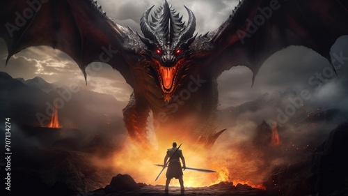 Warrior holding weapon ready for battle huge dragon picture Ai generated art photo