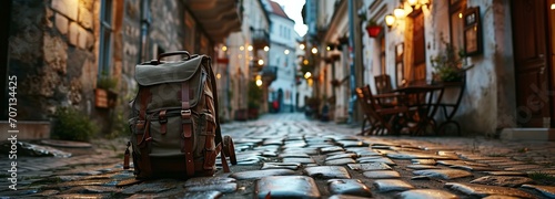 Backpack on Charming European Cobblestone Street