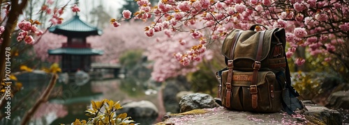 Colorful Pagoda with Backpack in Japanese Garden