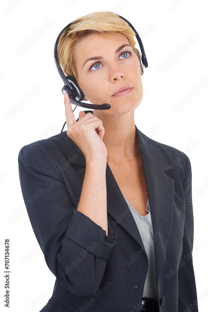 Woman, headset and call centre consultant in studio, customer service and crm by white background. Female person, operator and telemarketing agent or representative, hotline and technical support Woman, headset and call centre consultant in studio, customer service and crm by white background. Female person, operator and telemarketing agent or representative, hotline and technical support