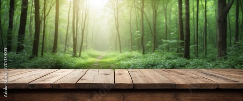 Blurred Green Forest on Empty Wooden Table Background, Wooden Table