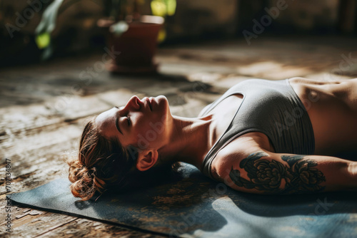 Young woman lying on yoga mat relaxing after fitness exercise photo
