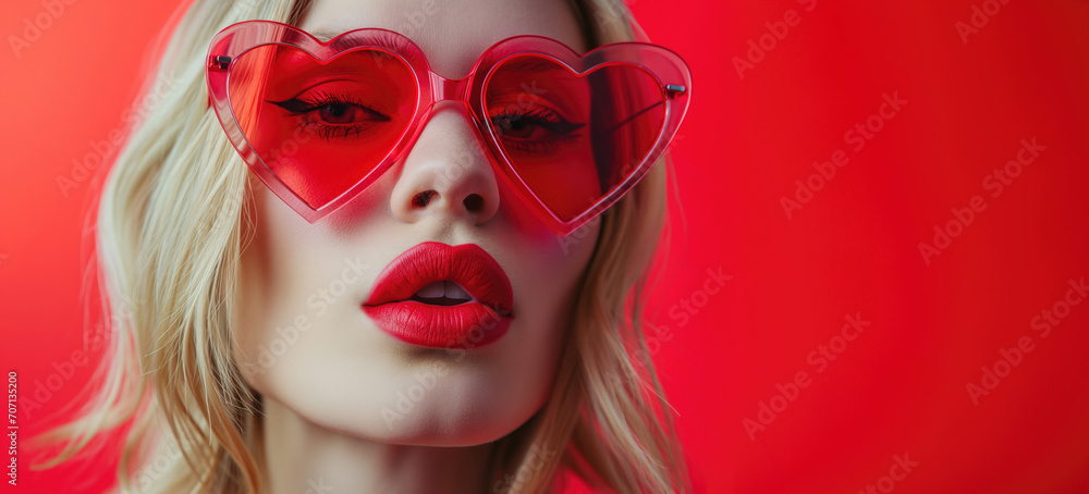 Closeup portrait of young blond woman with plump lips with red lipstick, wearing heart shaped fashion glasses