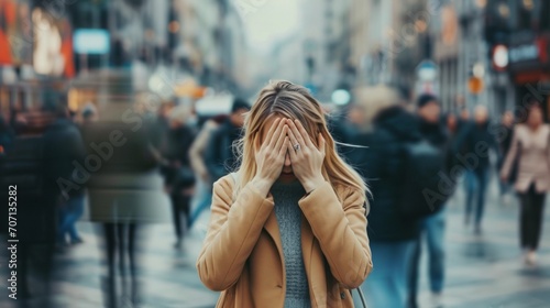 In a city full of rush and architecture, a woman in a beige coat covers her face, a candid symbol of being stressed and overwhelmed on a busy street