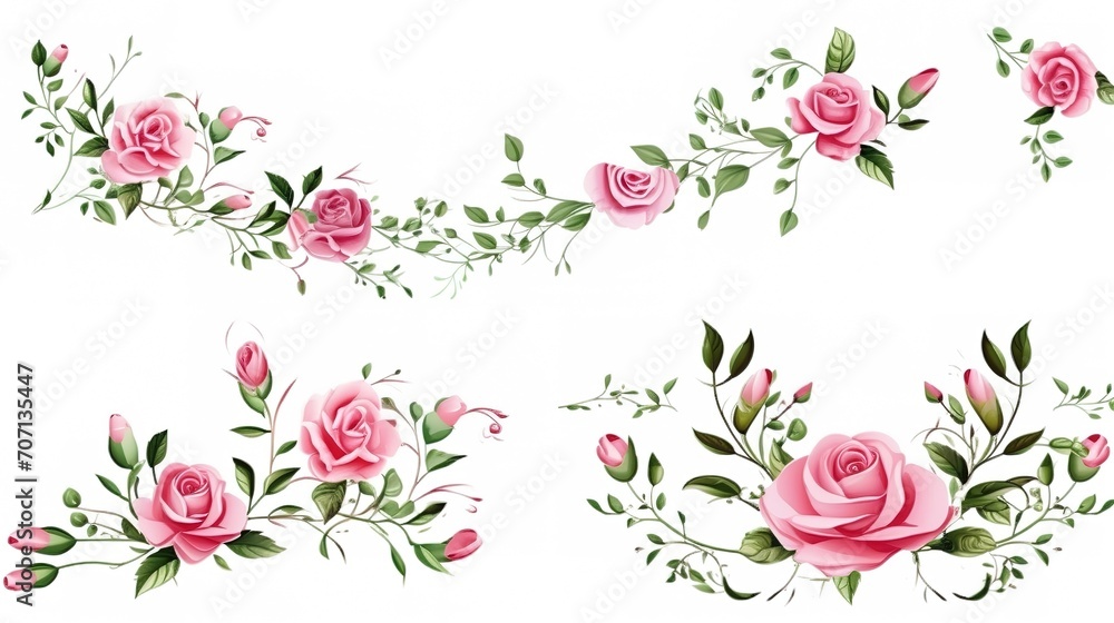 Set of vector bouquets of pink rose. Flowers on white background. All elements are isolated. Elements for wedding design. Corners and borders of pink roses. generative ai Set of vector bouquets of pink rose. Flowers on white background. All elements are isolated. Elements for wedding design. Corners and borders of pink roses. generative ai