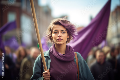 Young latin woman hold feminist flag in a 8 march demonstration outdoors in the city streets. Women's rights, women's day concept. Generative AI. photo