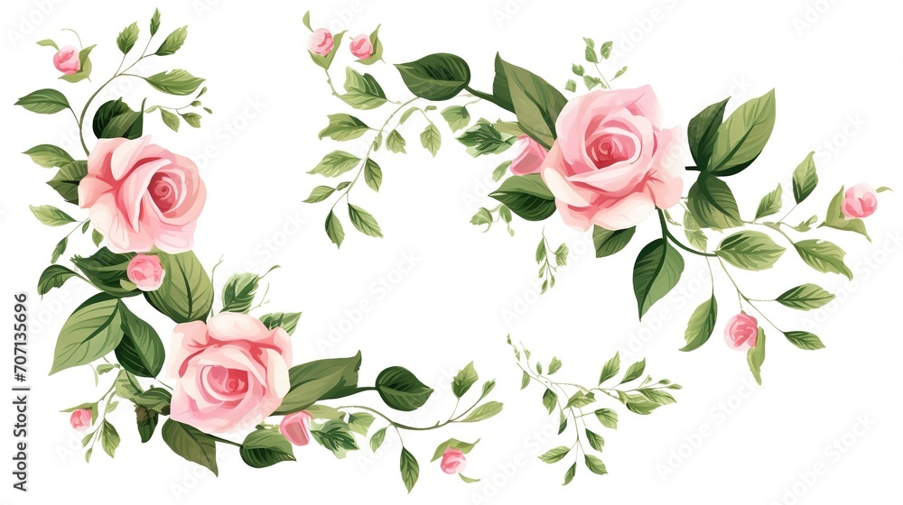 Set of vector bouquets of pink rose. Flowers on white background. All elements are isolated. Elements for wedding design. Corners and borders of pink roses. generative ai Set of vector bouquets of pink rose. Flowers on white background. All elements are isolated. Elements for wedding design. Corners and borders of pink roses. generative ai