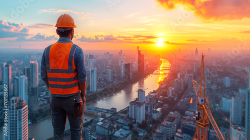 construction worker in a helmet and orange vest stands high above a city, watching a stunning sunset over skyscrapers and a winding river