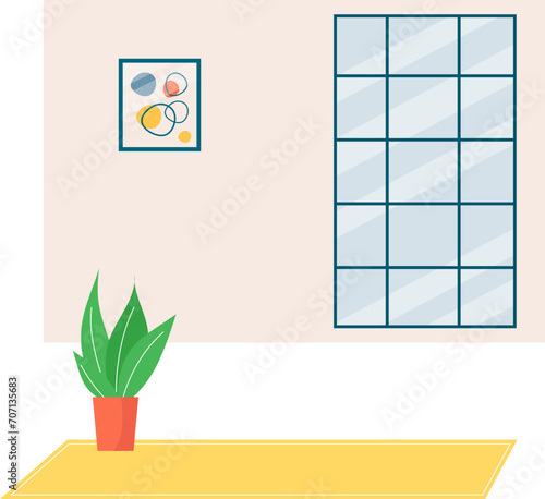 Indoor plant in pot on yellow rug, modern room with abstract painting and lar...