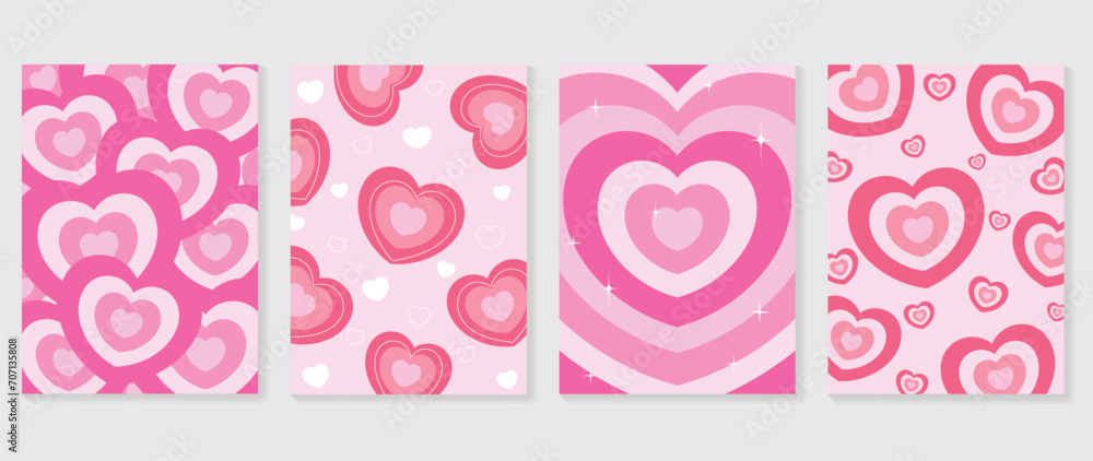 Happy Valentine's day love cover vector set. Romantic symbol wallpaper of geometric shape pattern, heart shaped icon. Love illustration for greeting card, web banner, package, cover, fabric.