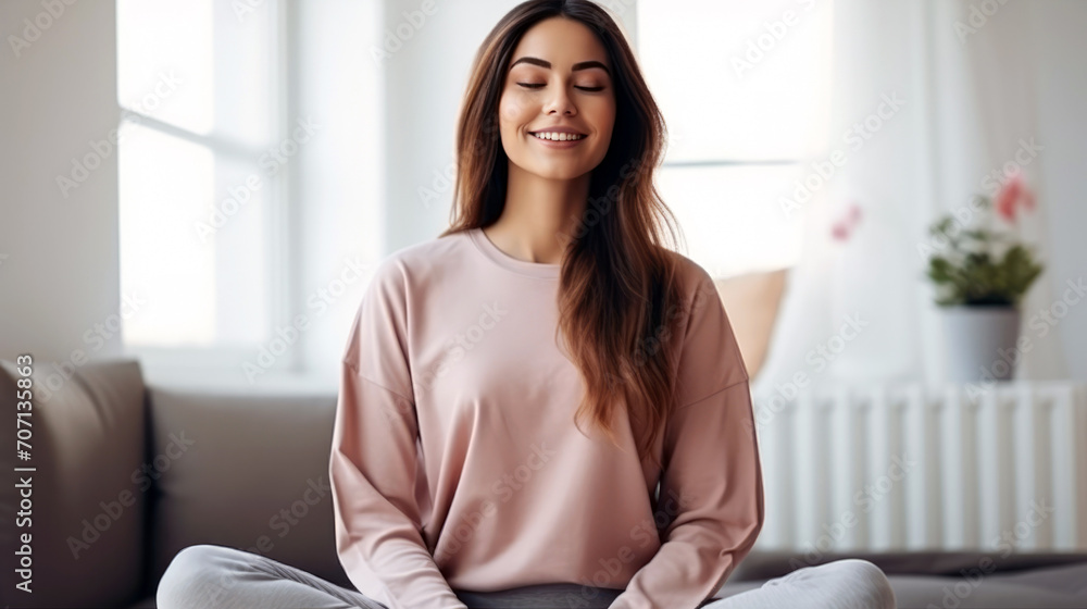 Young happy beautiful woman in cozy cropped sweatshirt and leggings practicing yoga at home sitting in lotus pose on yoga mat meditating smiling relaxed with closed eyes