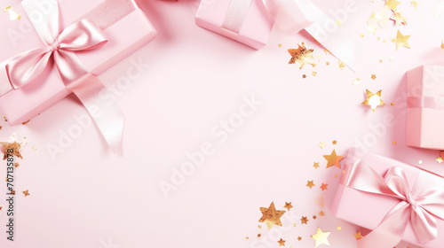Pink greeting card mockup with gift boxes and decorations. Flat lay  top view