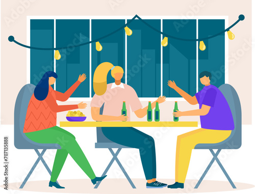 Three friends enjoying beers and snacks at a backyard party. Casual gathering, good times with colourful atmosphere. Friendship and leisure time vector illustration.