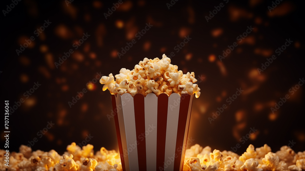 A popcorn bucket filled with popcorn on top of a table A popcorn bucket filled with popcorn on top of a table
