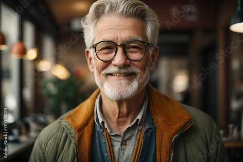 Smiling mature man with glasses and stylish grey hair in a cozy cafe setting. AI