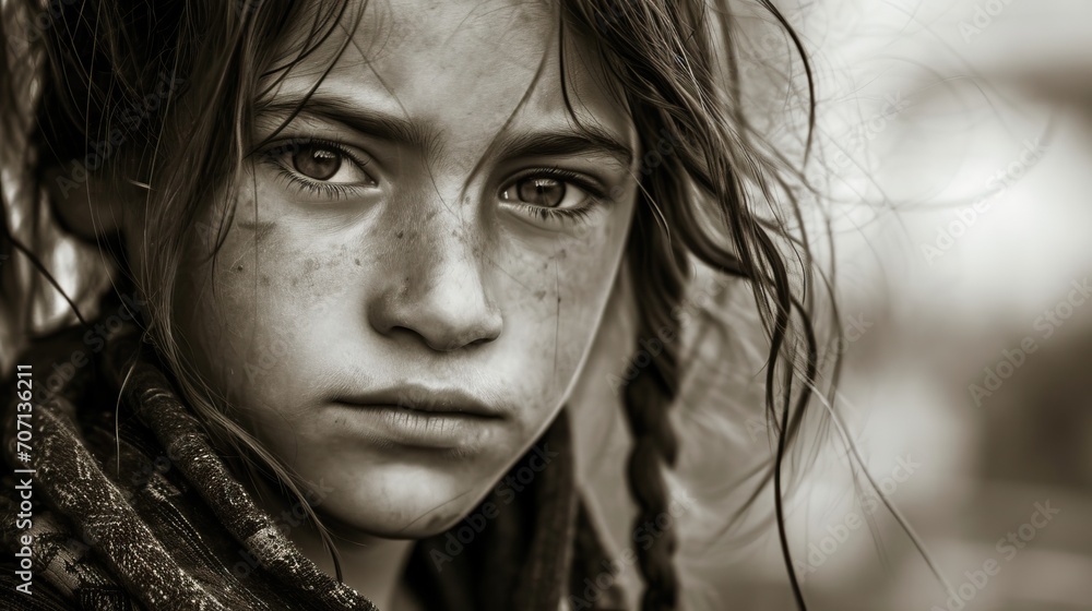 Fototapeta premium Portrait sépia : Regard expressif d'une jeune fille, visage marqué par l'aventure