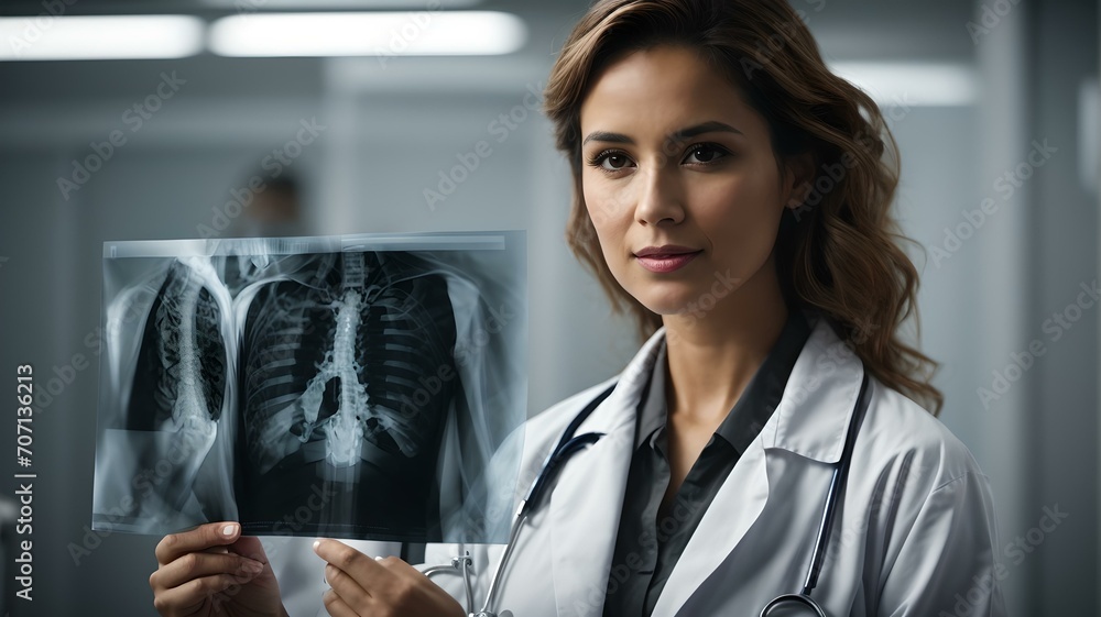 Confident female doctor analyzing a chest x-ray in hospital setting with intent gaze. AI