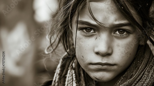 Portrait sépia : Regard expressif d'une jeune fille, visage marqué par l'aventure