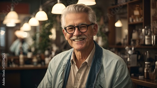 Charming elderly man with a welcoming smile in a cozy cafe setting. AI