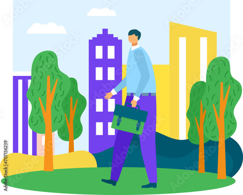 Young adult man walking to work in city park carrying briefcase. Male professional commute, urban life and work concept vector illustration.