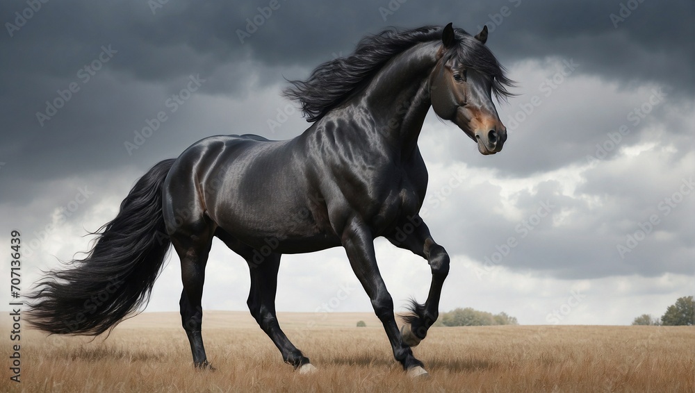 Magnificent Black Horse Standing in the Field, Its Manes Blown with the Wind