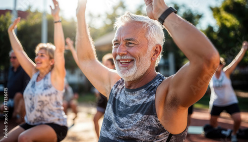 Senior fit people exercising outdoors. Healthy lifestyle concept