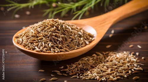 Cumin seeds or caraway in white spoon on wooden board
 photo