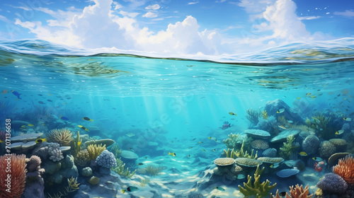 Underwater shot of marine life, Beautiful blue ocean background with sunlight and undersea scene, water of tropical sea, Ai generated image  © PixxStudio