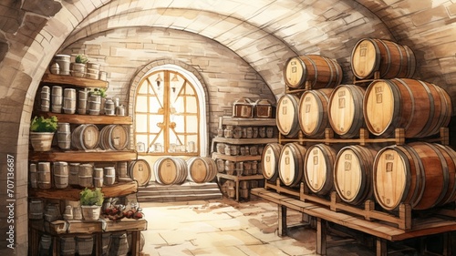 Wine cellar with wine barrels wine bottles stock photos Ai generated art