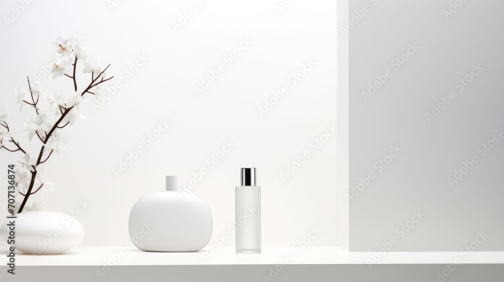 Mockup bottles on a clean white background. White flowers in a vase. Minimalism Mockup bottles on a clean white background. White flowers in a vase. Minimalism