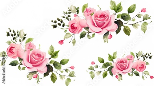 Set of vector bouquets of pink rose. Flowers on white background. All elements are isolated. Elements for wedding design. Corners and borders of pink roses. generative ai photo
