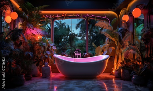 Vintage bathroom with 3d neon lights in tropical landscape style. Generative Ai