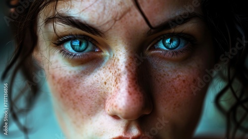 Regard intense : Portrait rapproché, yeux bleus perçants, peau claire et taches de rousseur photo
