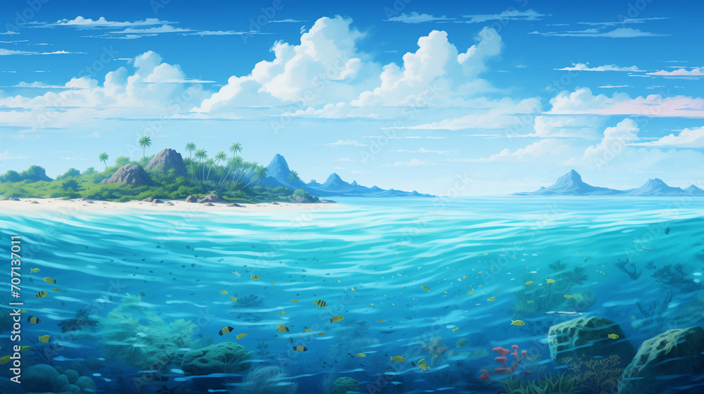 Split underwater view with sunny sky and serene sea, water of tropical sea, Ai generated image 