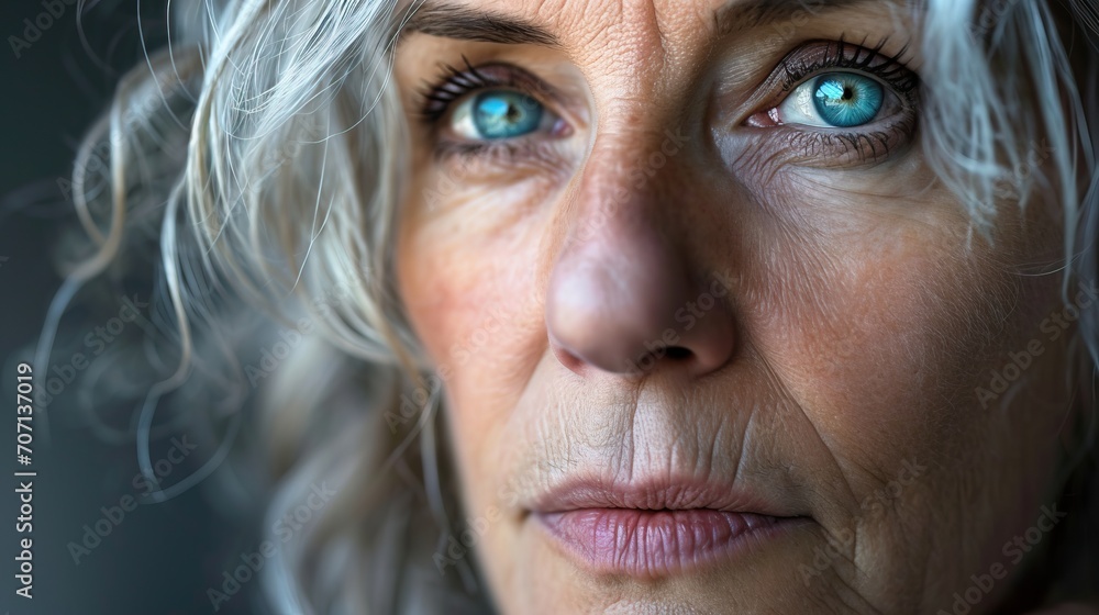 Portrait rapproché d'une femme aux yeux bleus et aux cheveux argentés