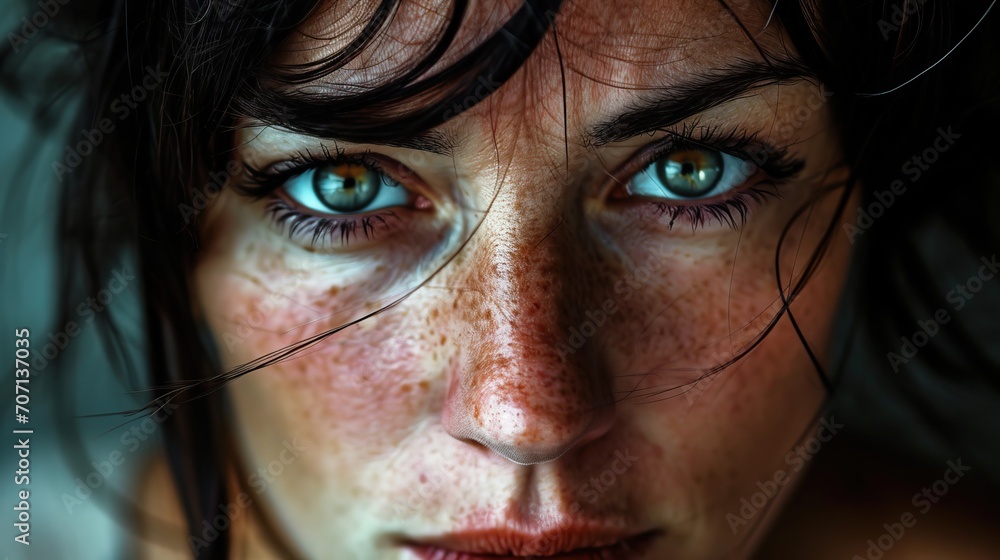 Portrait intense mettant en avant des yeux verts et une peau constellée de taches de rousseur Portrait intense mettant en avant des yeux verts et une peau constellée de taches de rousseur