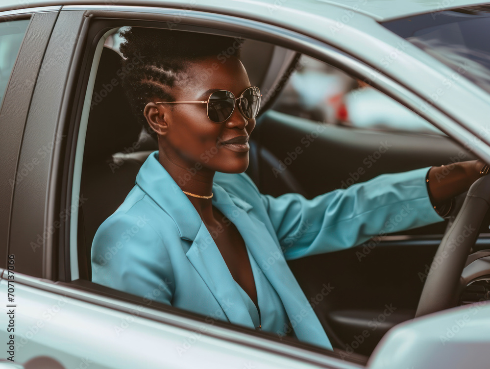 Naklejka premium a happy stylish african woman in light blue suit is driving white car. Portrait of happy female driver steering car with safety belt.