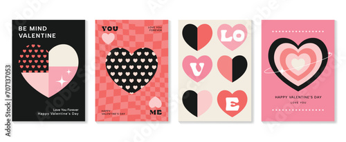 Happy Valentine's day love cover vector set. Romantic symbol wallpaper of geometric shape pattern, heart shaped icon. Love illustration for greeting card, web banner, package, cover, fabric.